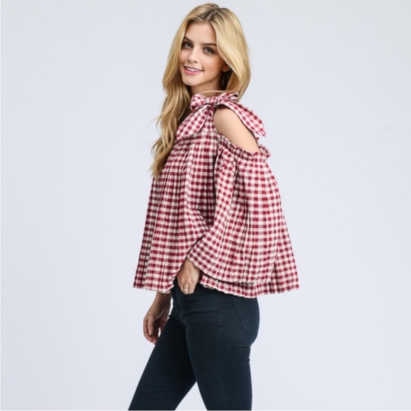 DOE & RAE Red and White Gingham Checked Cold Shoulder Butterfly Sleeve Blouse - Picture 6 of 17